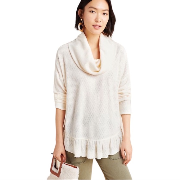 MAEVE Anthropologie Ivory Cowl Neck Peplum Thin Knit Long Sleeve Top Size M - Picture 9 of 12